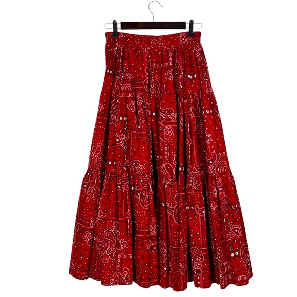 VINTAGE VRG SPORT Red Paisley Bandana Print Tiered Maxi Skirt Elastic Waist MED - Picture 3 of 12
